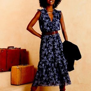 Flutter Midi- Navy Blue Floral print. Low-V neck, cap sleeves, Tiered Hem.